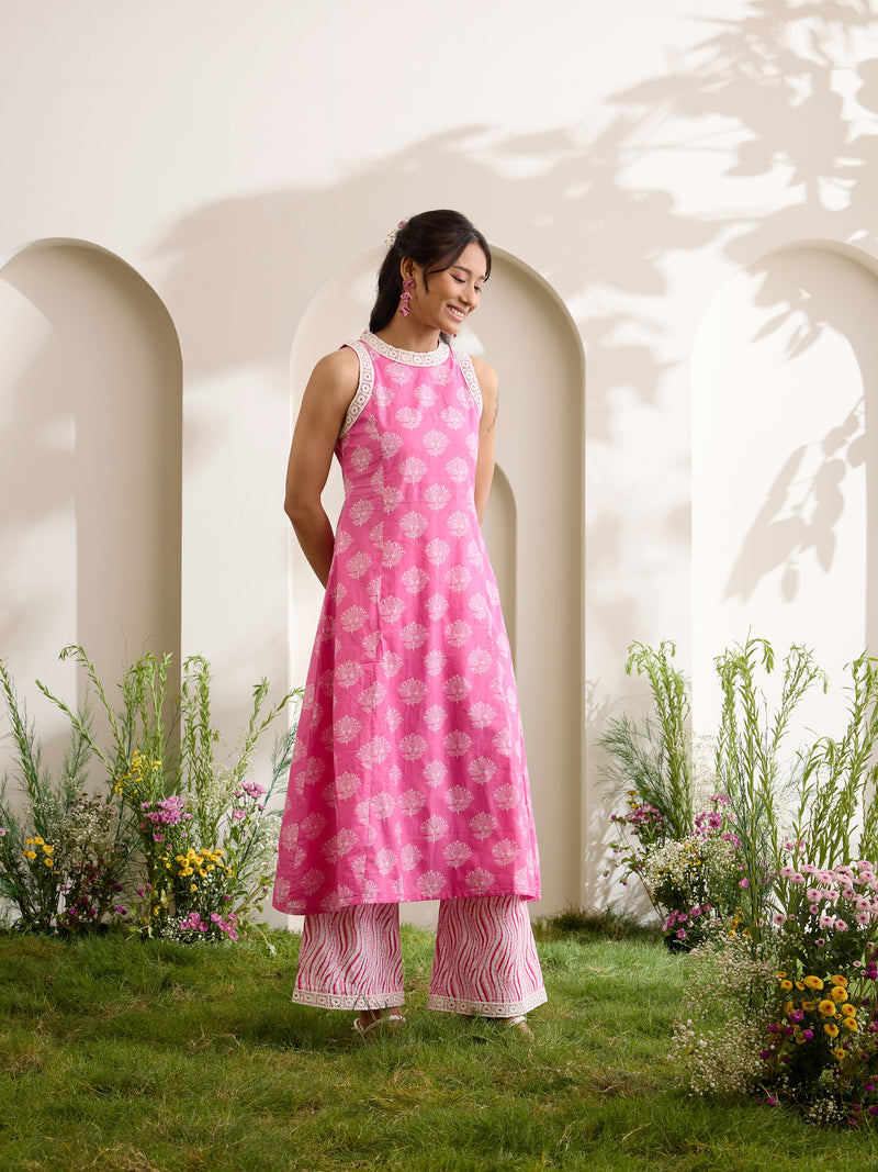 Khushal K Women Cotton Kurta With Palazzo Set - Pink