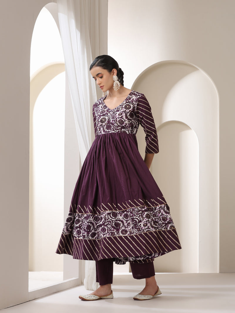 Khushal K Floral Printed Empire V Neck Gotta Patti Anarkali Kurta set