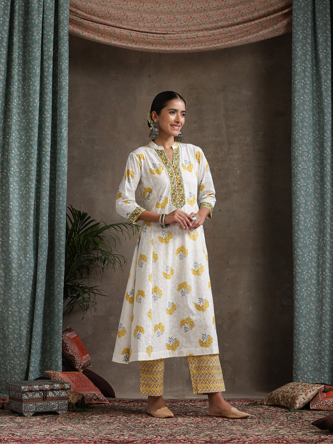 Floral Printed Pure Cotton Straight Kurta With Palazzos And Dupatta