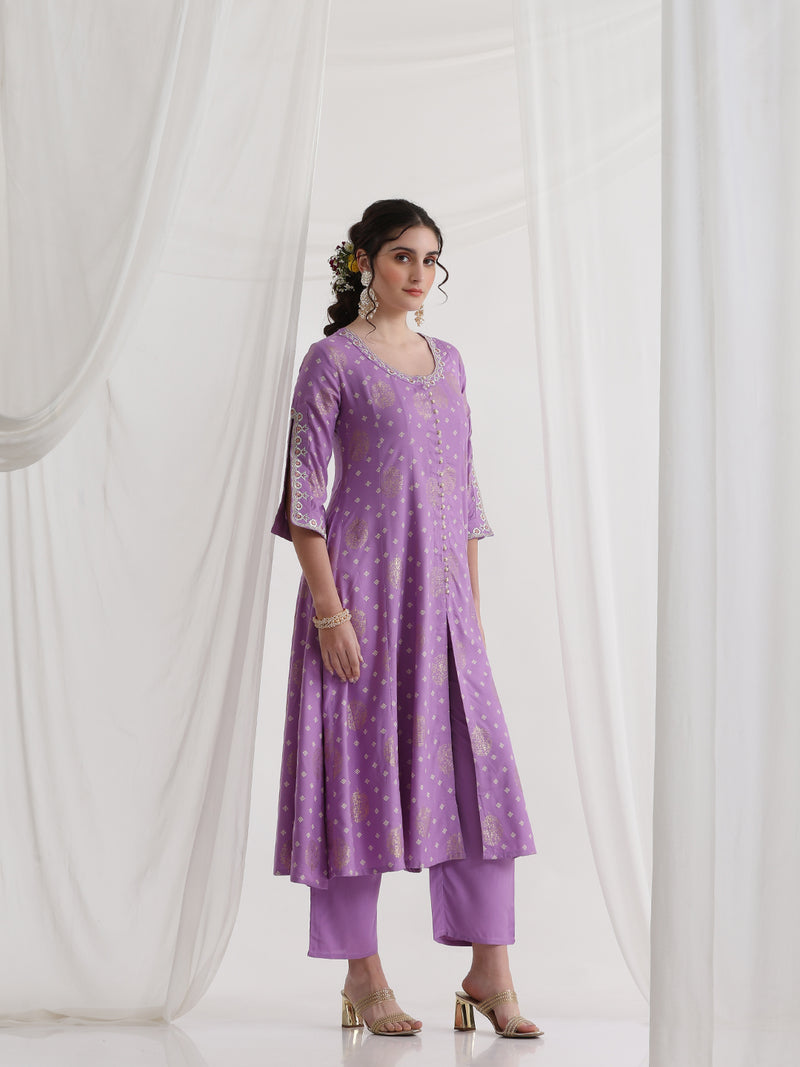 Floral Printed Round Neck Thread Work A-Line Kurta With Trousers & Dupatta