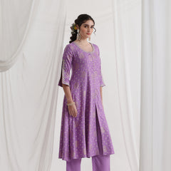 Floral Printed Round Neck Thread Work A-Line Kurta With Trousers & Dupatta