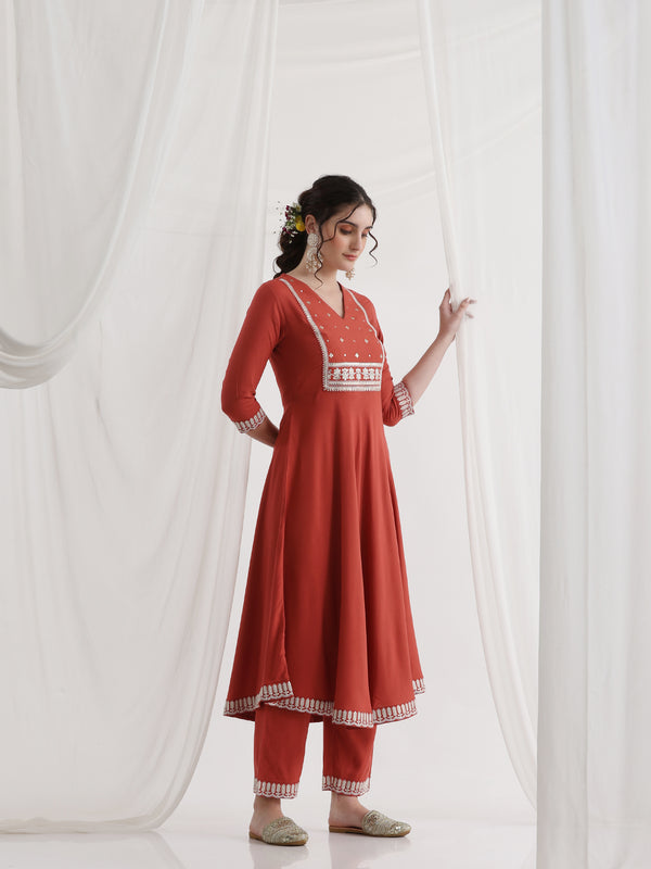 Khushal K Ethnic Motifs Rust  Anarkali Sequinned Kurta set