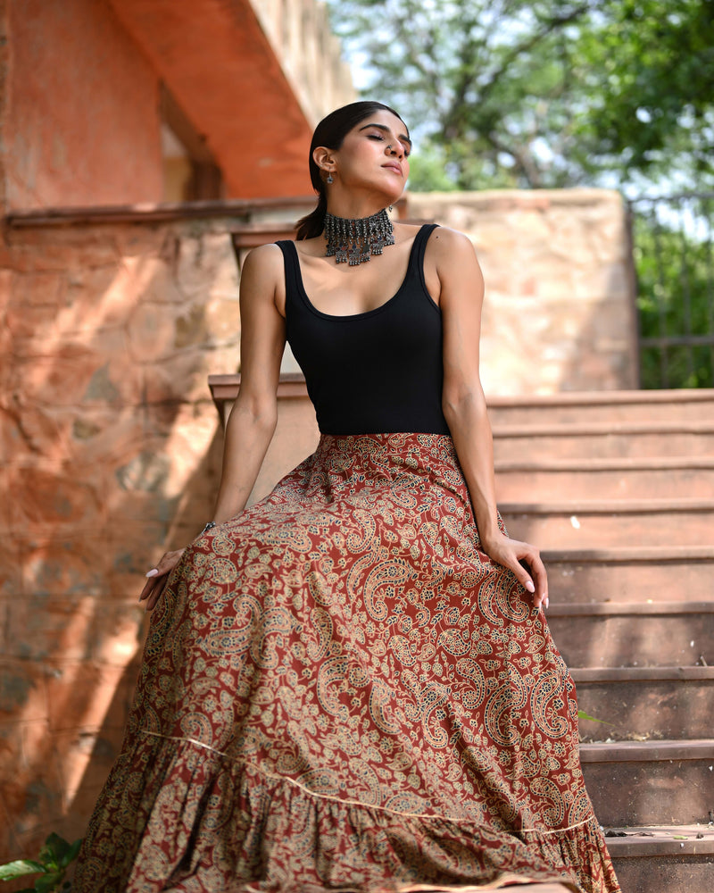 Khushal K Women's Rust Printed Cotton Flared Maxi Skirt