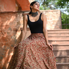 Khushal K Women's Rust Printed Cotton Flared Maxi Skirt