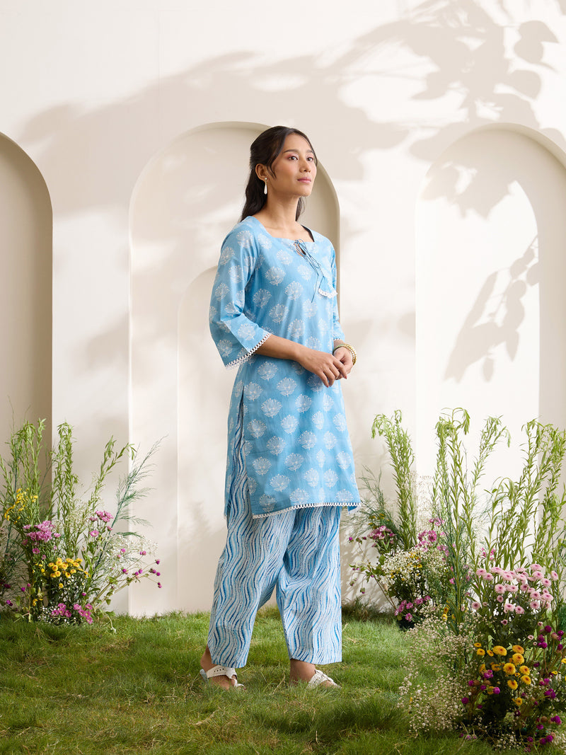 Khushal K Women Cotton Kurti And Farshi Salwar  With Dupatta Set - Blue