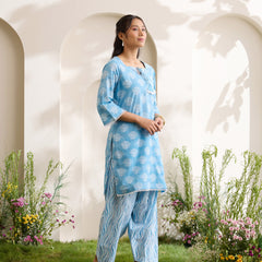 Khushal K Women Cotton Kurti And Farshi Salwar  With Dupatta Set - Blue