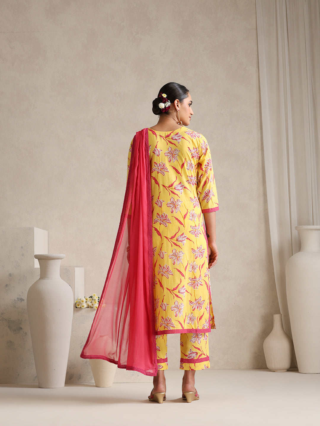 Floral Printed V-Neck Pure Cotton Straight Kurta With Palazzos And Dupatta