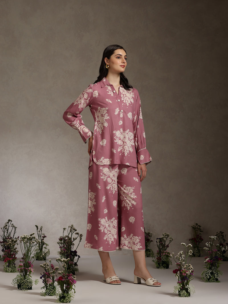 Floral Printed Mauve Co-ord Set with Flared Sleeves
