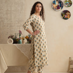 Khushal K Women Cream Floral Printed Regular Pure Cotton Kurta & Palazzo With Dupatta
