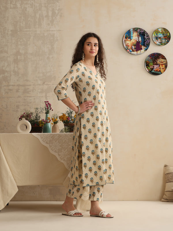Khushal K Women Cream Floral Printed Regular Pure Cotton Kurta & Palazzo With Dupatta