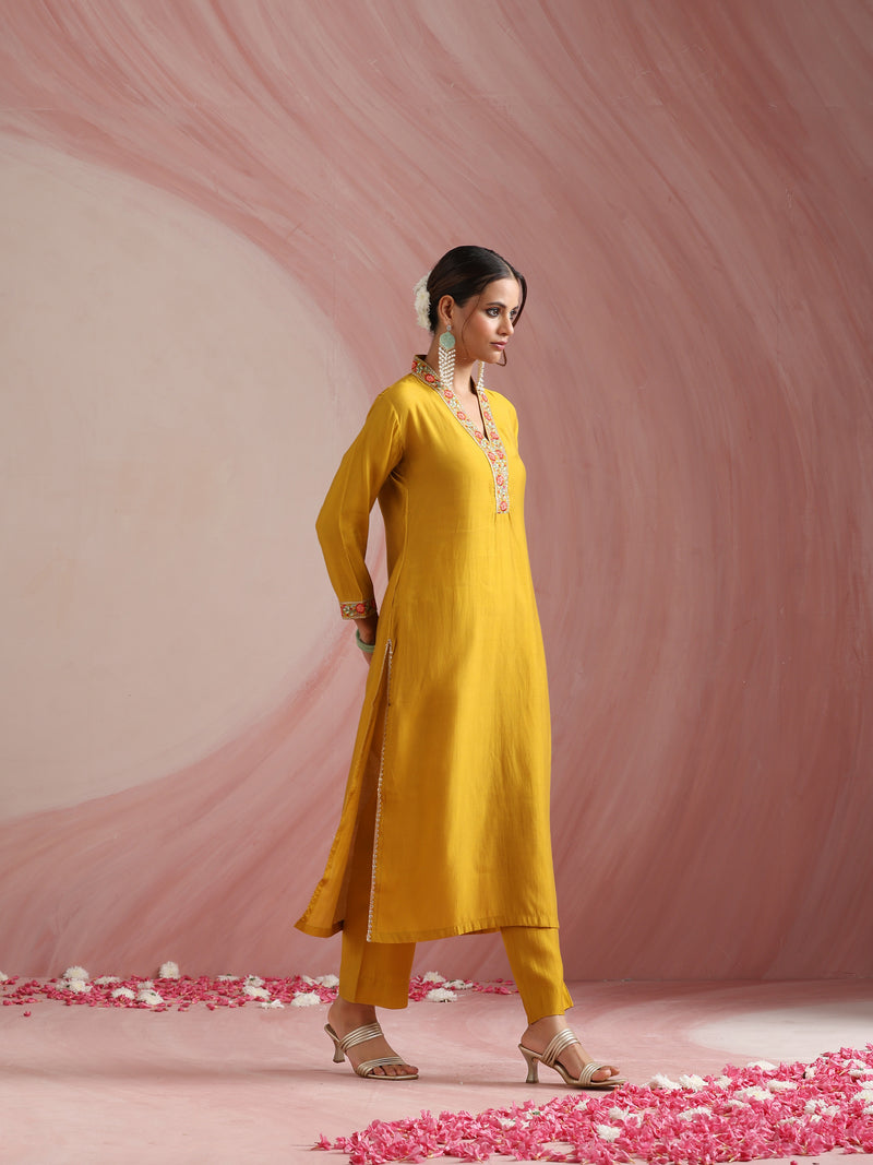 Khushal K Women Pure Silk yellow Embroidered Kurta & Palazzo With Dupatta