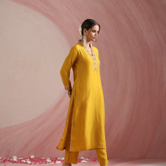 Khushal K Women Pure Silk yellow Embroidered Kurta & Palazzo With Dupatta
