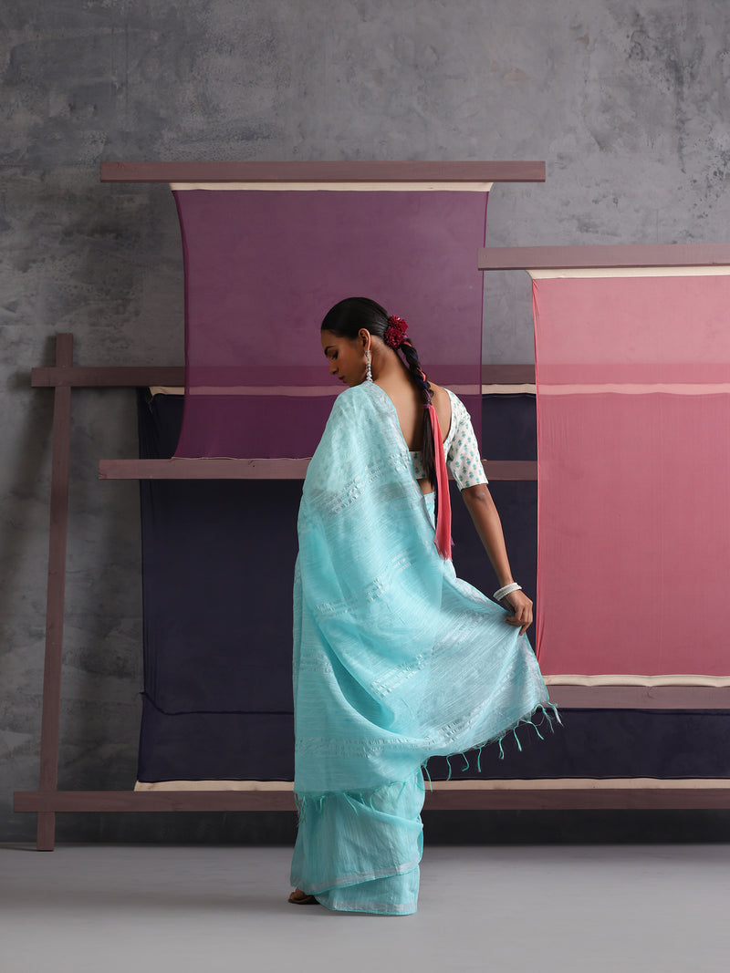 Women Cotton Torquoise Blue Linen Printed Saree