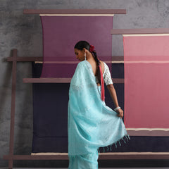 Women Cotton Torquoise Blue Linen Printed Saree