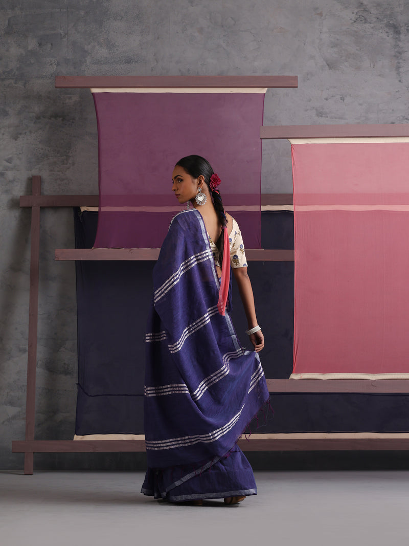 Women Cotton Blue Linen Printed Saree