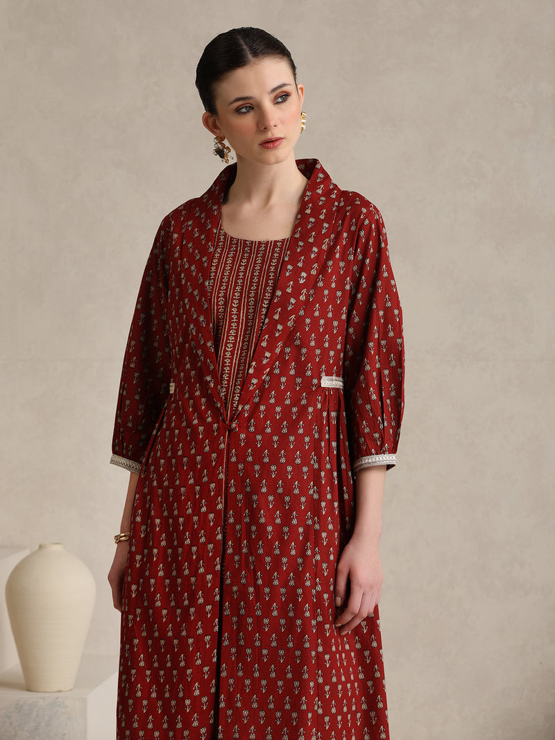 Rust Handblock Printed Cotton Co-ord Set with Jacket