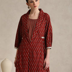 Rust Handblock Printed Cotton Co-ord Set with Jacket