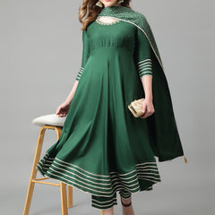 Green solid Kurta with Trousers with dupatta