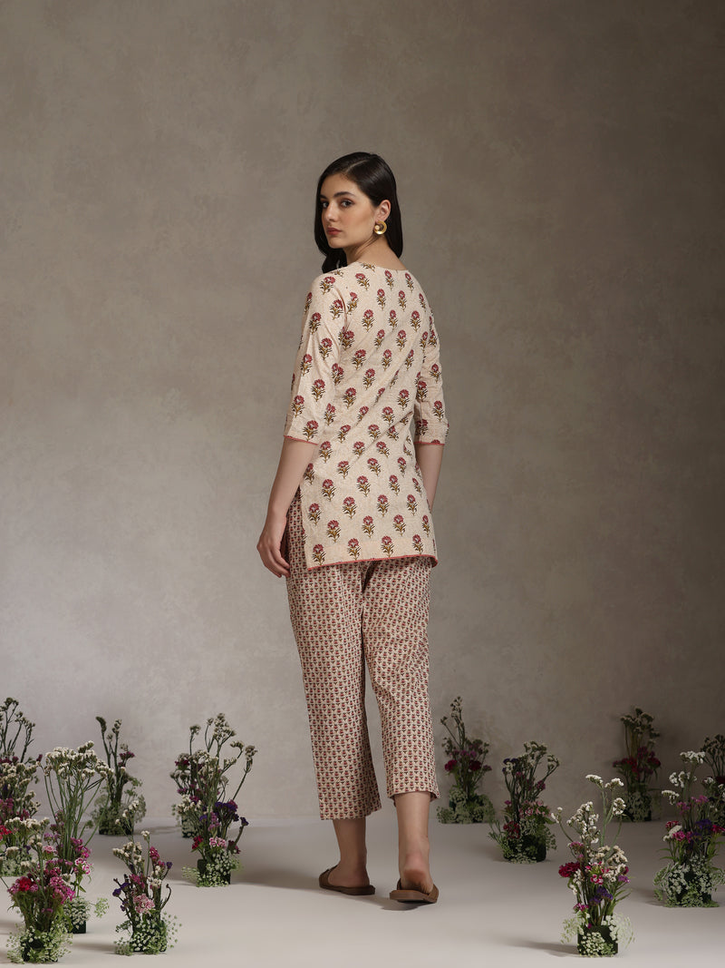 Floral Printed Cotton V-Neck Tunic With Trouser Co-Ords
