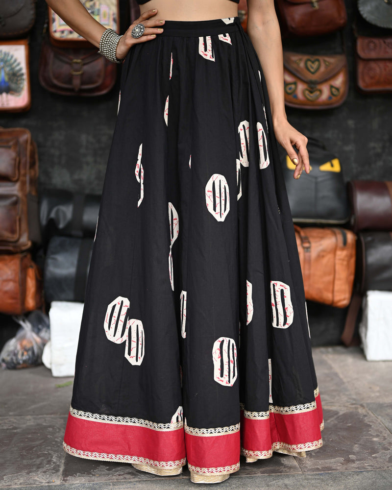 Khushal K Women's Black Printed Cotton Flared Maxi Skirt