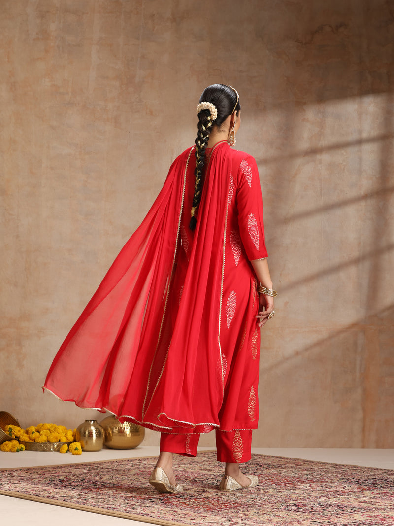 Red & Gold Printed Kurta with Trousers & Dupatta