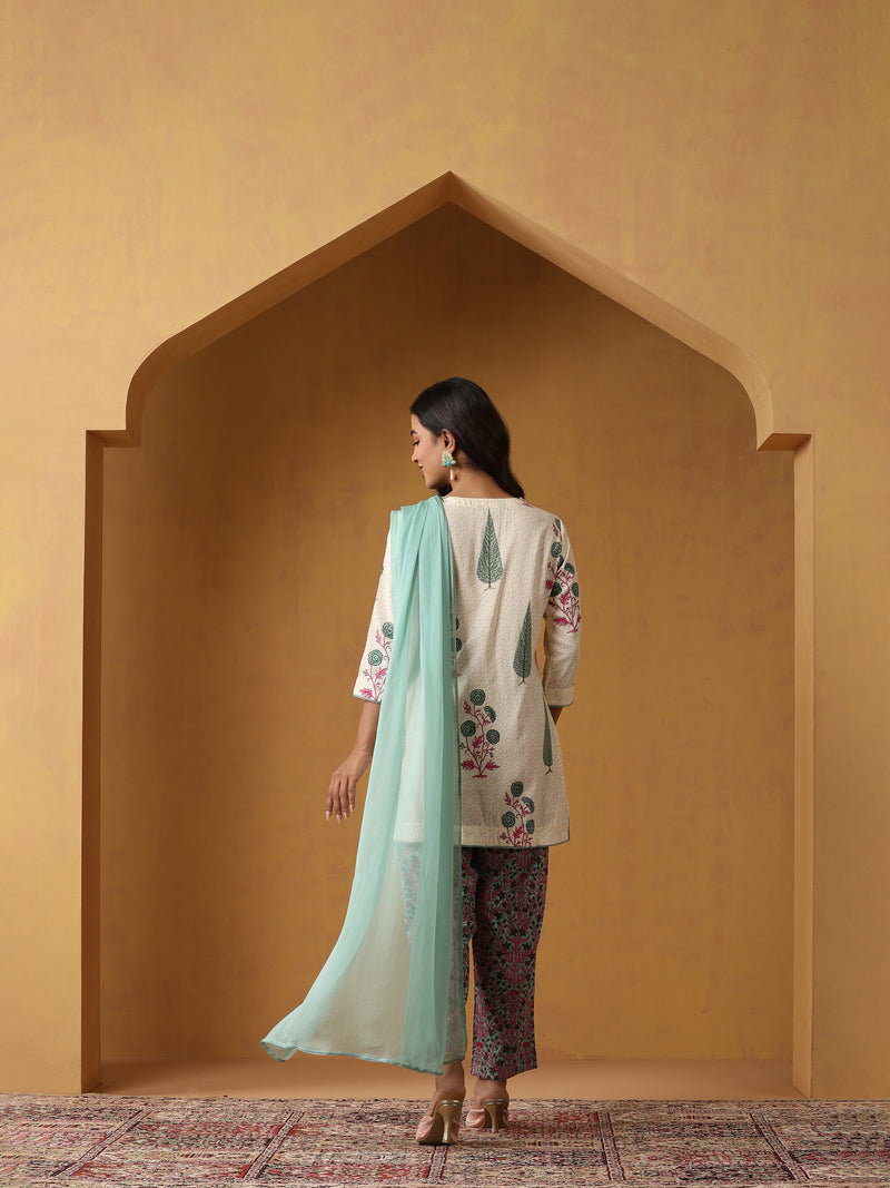 Khushal K Floral Printed V-Neck Pure Cotton Straight Kurta set