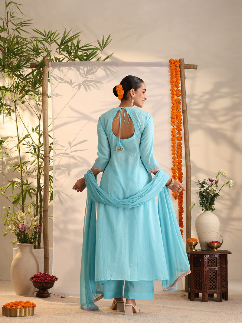 Khushal K Women Cotton Kurta and Palazzo With Dupatta Set - Turquoise Blue