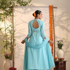 Khushal K Women Cotton Kurta and Palazzo With Dupatta Set - Turquoise Blue