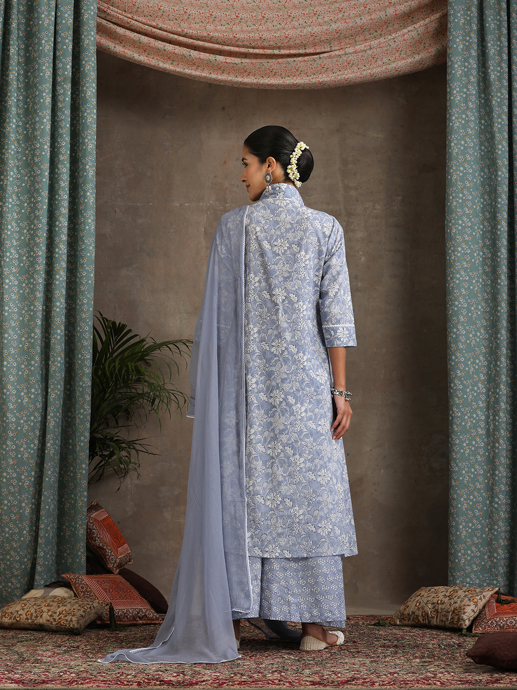 Floral Printed Pure Cotton A-Line Kurta With Palazzos And Dupatta