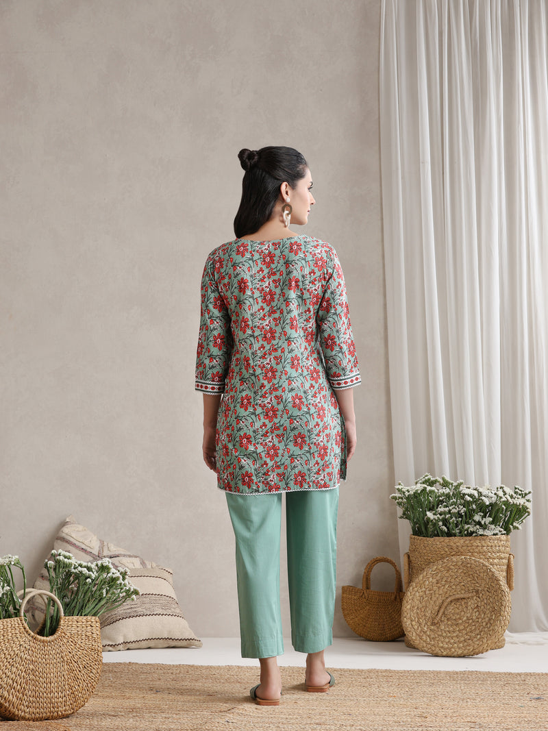 Floral Printed Cotton V-Neck Tunic With Trouser Co-Ords