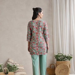 Floral Printed Cotton V-Neck Tunic With Trouser Co-Ords