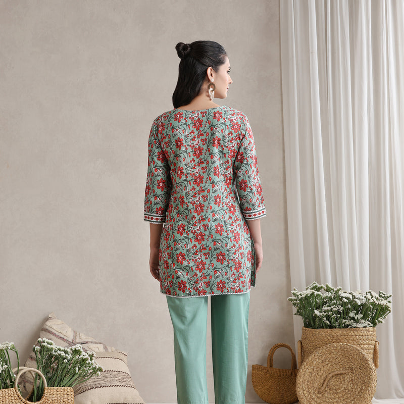 Floral Printed Cotton V-Neck Tunic with Trouser Co-Ords - Green - Khushal K - Image 6