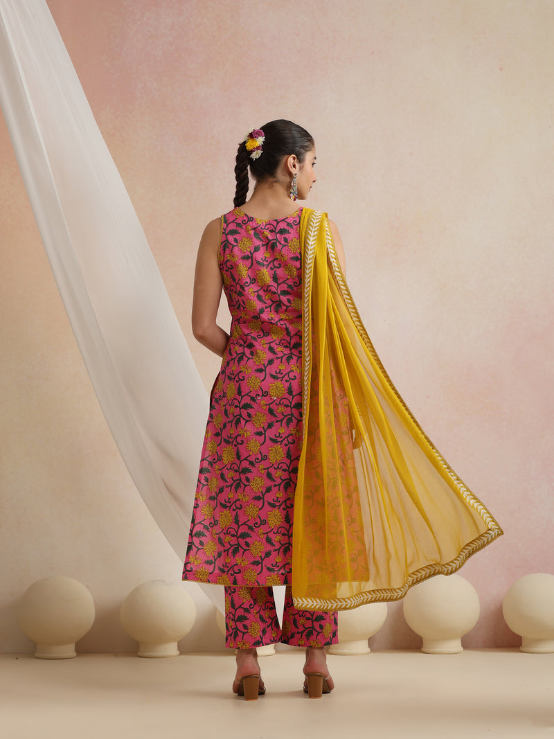 Khushal K Women Cotton Kurta Palazzo Dupatta Set - Pink
