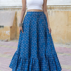 Khushal K Women's Blue Printed Cotton Flared Maxi Skirt