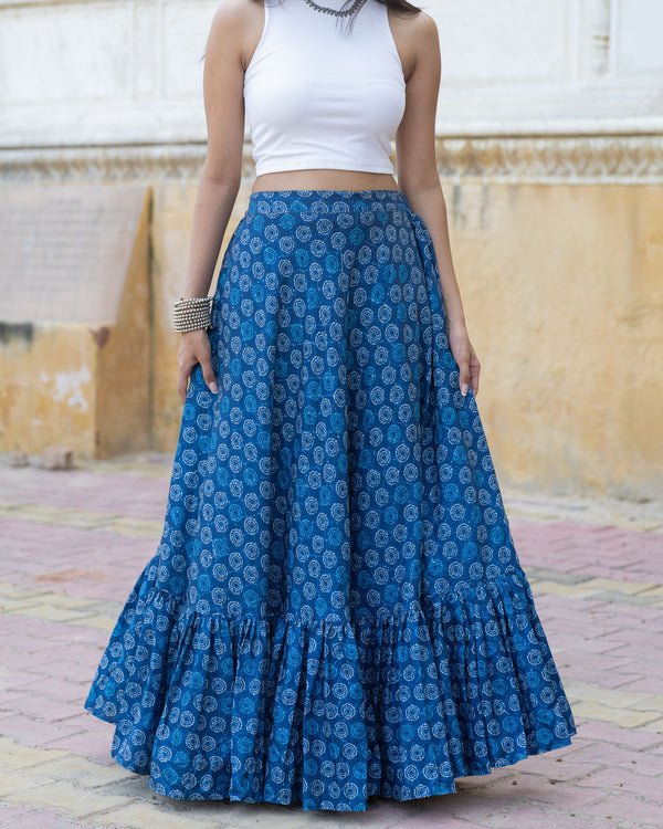 Khushal K Women's Blue Printed Cotton Flared Maxi Skirt