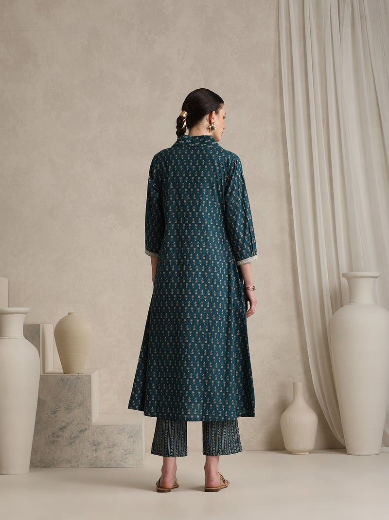 Teal Handblock Printed Cotton Blend Cord Set with Jacket