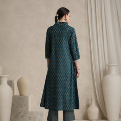 Teal Handblock Printed Cotton Blend Cord Set with Jacket