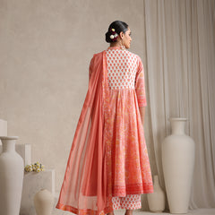 Floral Printed Mandarin Collar Pure Cotton Anarkali Kurta & Palazzos & Dupatta
