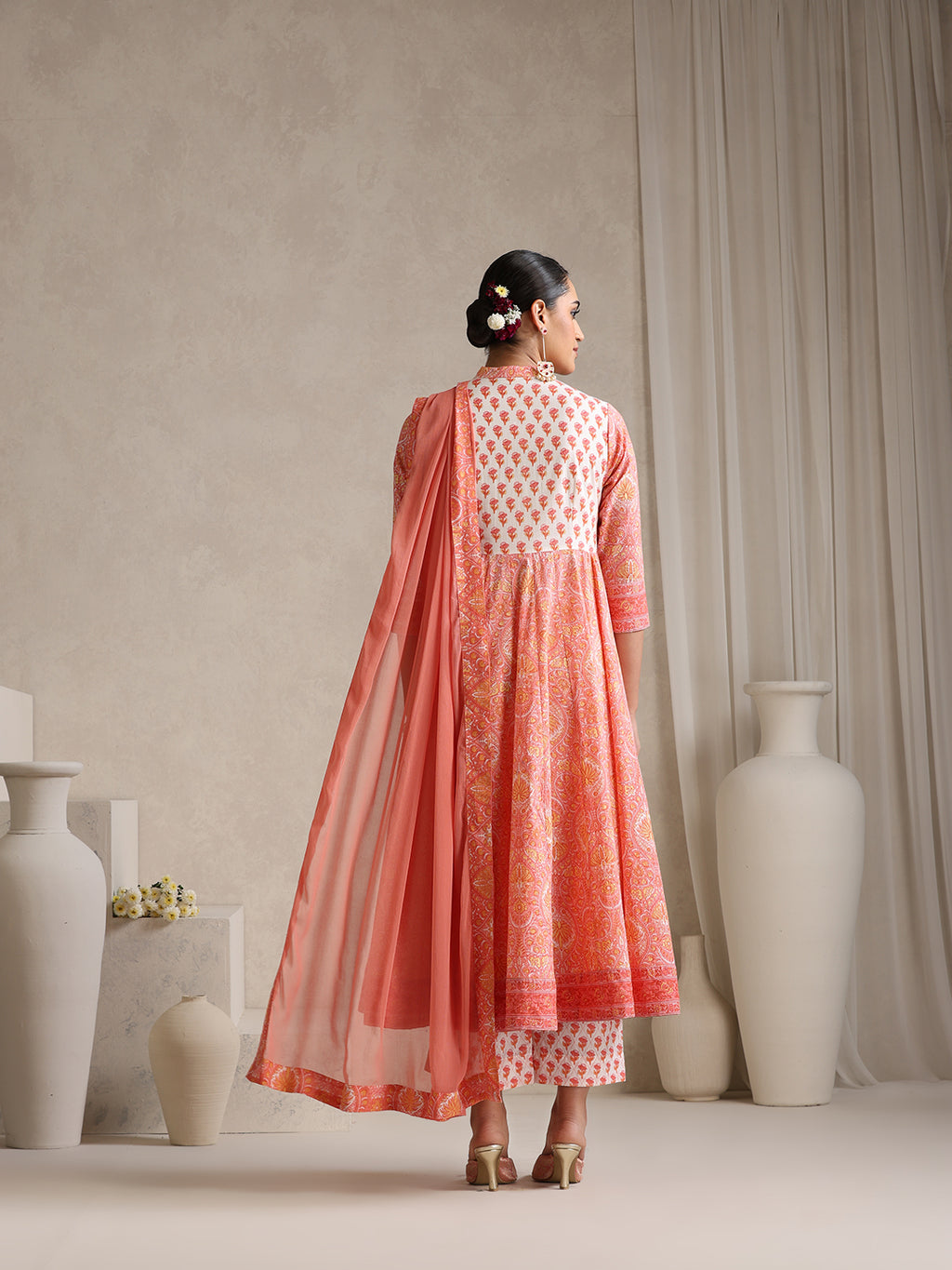 Floral Printed Mandarin Collar Pure Cotton Anarkali Kurta & Palazzos & Dupatta