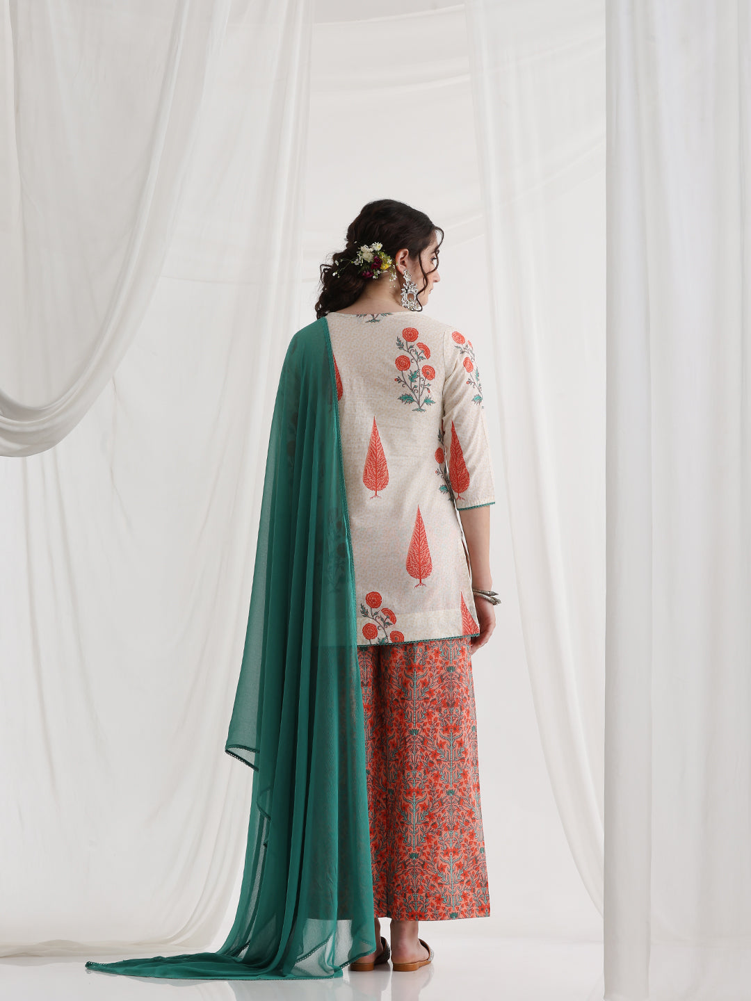 Floral Printed V-Neck Pure Cotton Kurti with Palazzos & Dupatta