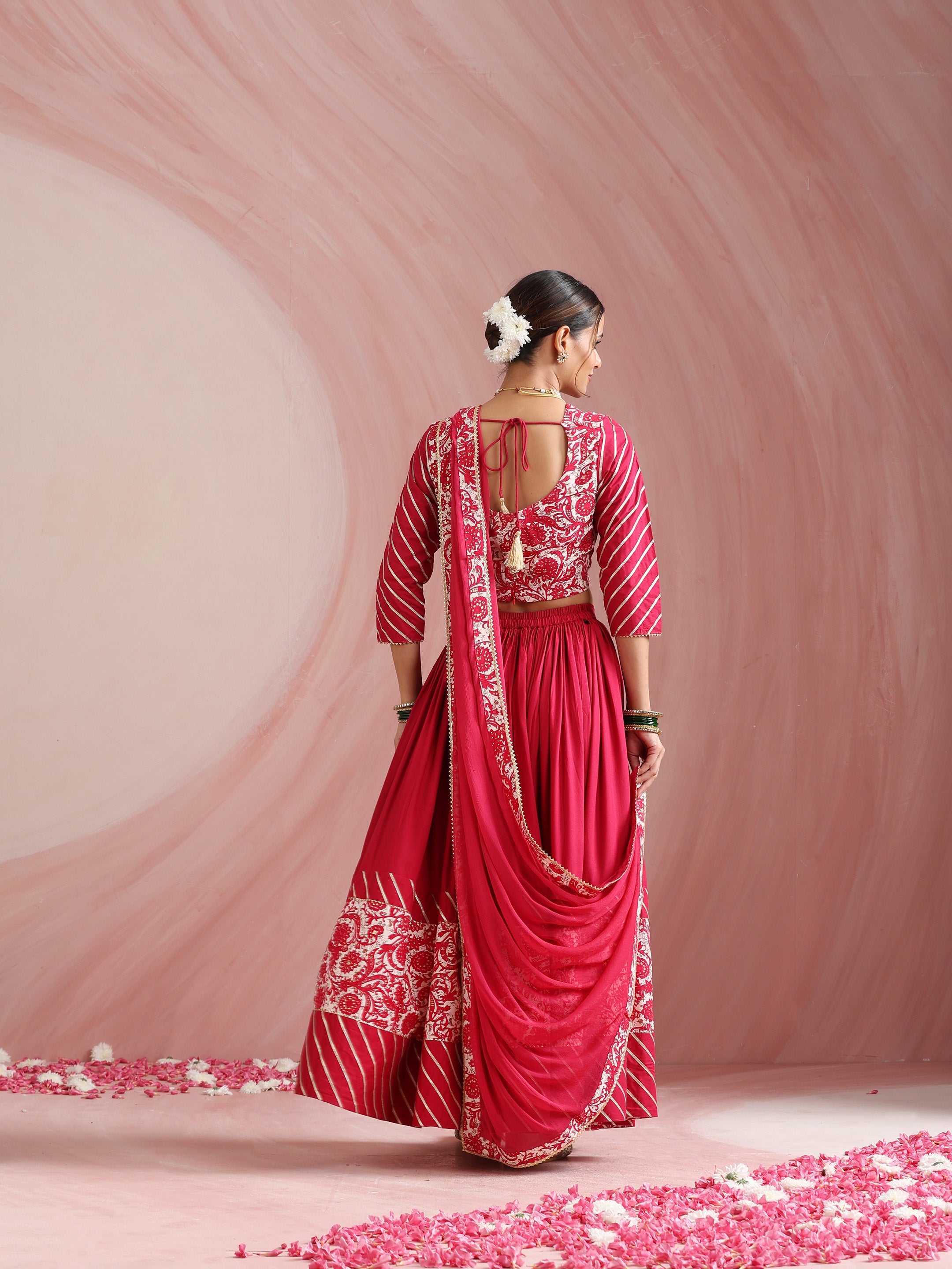 Pink Floral Printed Gotta Patti Ready to Wear Lehenga & Choli With Dupatta