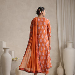 Floral Printed V Neck Pure Cotton A-Line Kurta With Palazzos & Dupatta