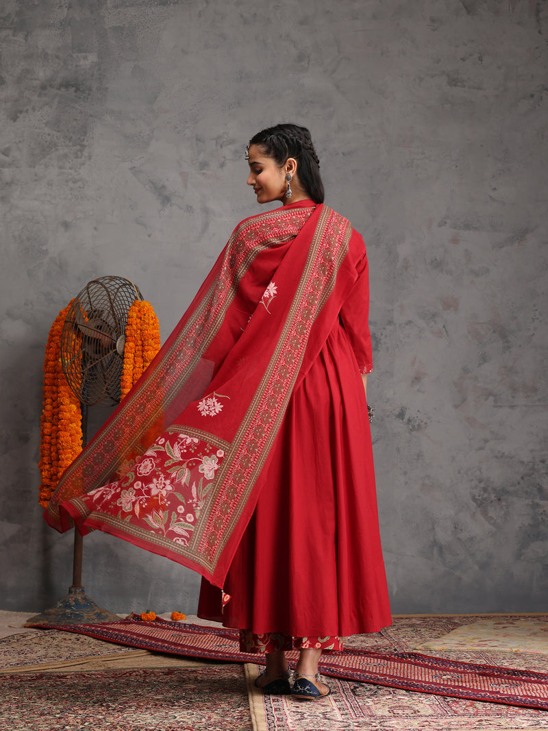 Khushal K Women Cotton Kurta Palazzo Dupatta Set - Maroon
