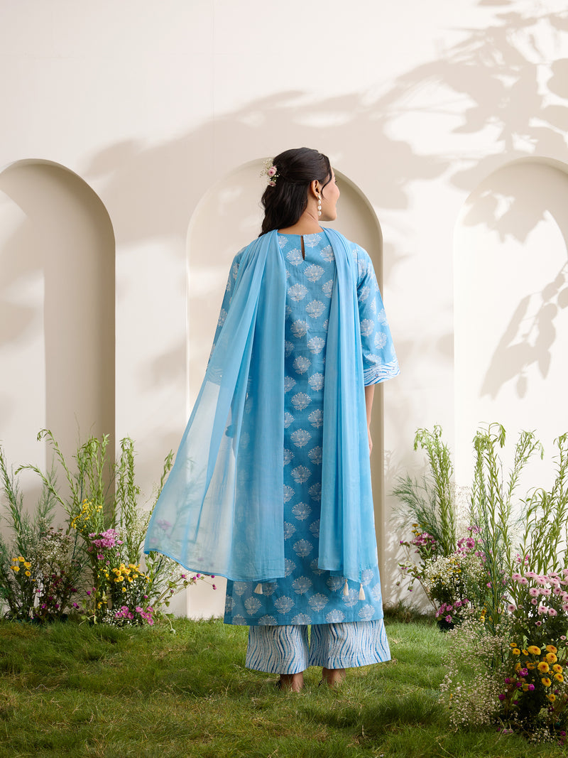 Khushal K Women Cotton Kurta And Palazzo With Dupatta Set - Blue