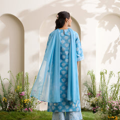 Khushal K Women Cotton Kurta And Palazzo With Dupatta Set - Blue