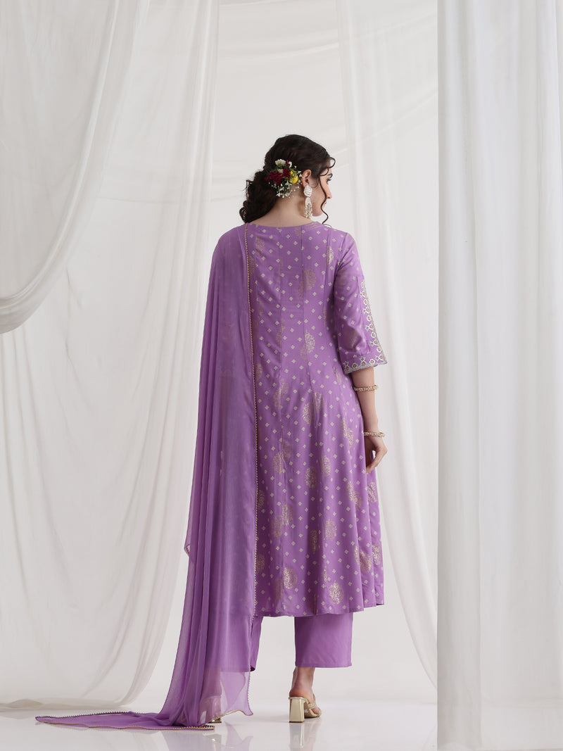 Floral Printed Round Neck Thread Work A-Line Kurta With Trousers & Dupatta