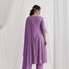 Floral Printed Round Neck Thread Work A-Line Kurta With Trousers & Dupatta