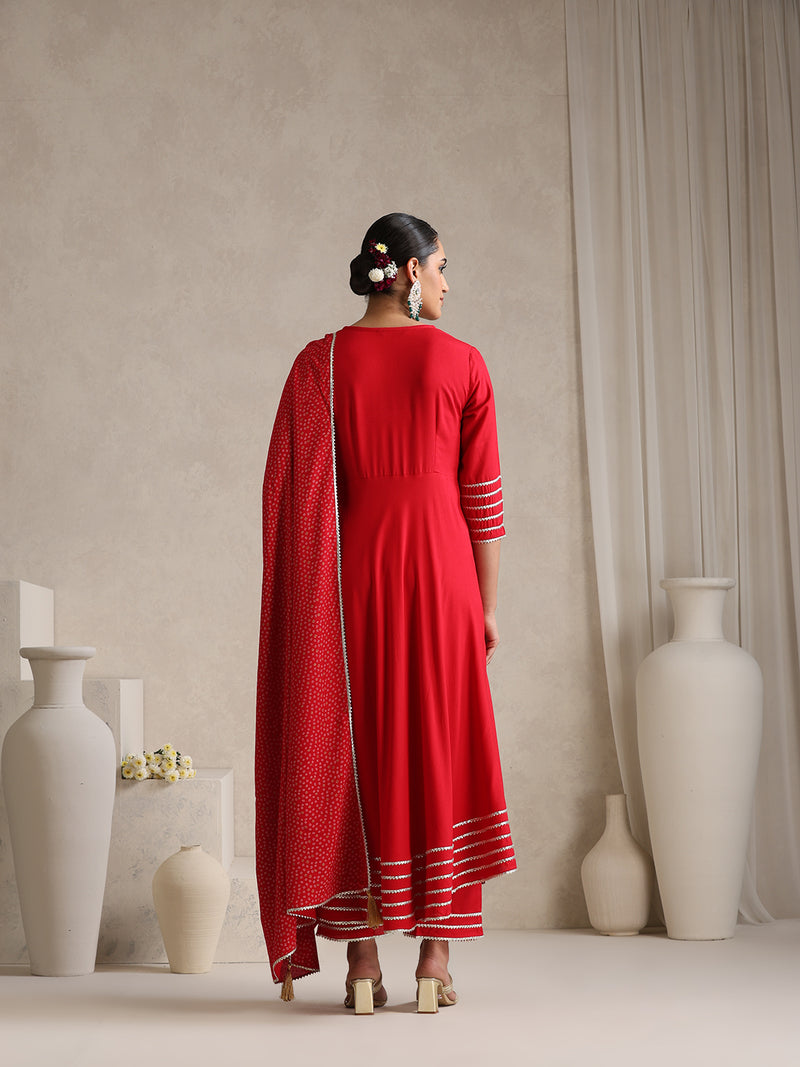 Khushal K  Red v-Neck Anarkali Rayon Kurta kurta set