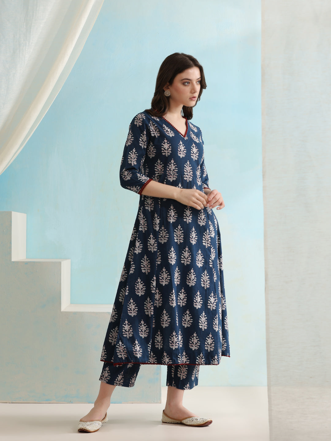 Ethnic Motifs Printed V-Neck Pure Cotton A-Line Kurta with Palazzos & Dupatta