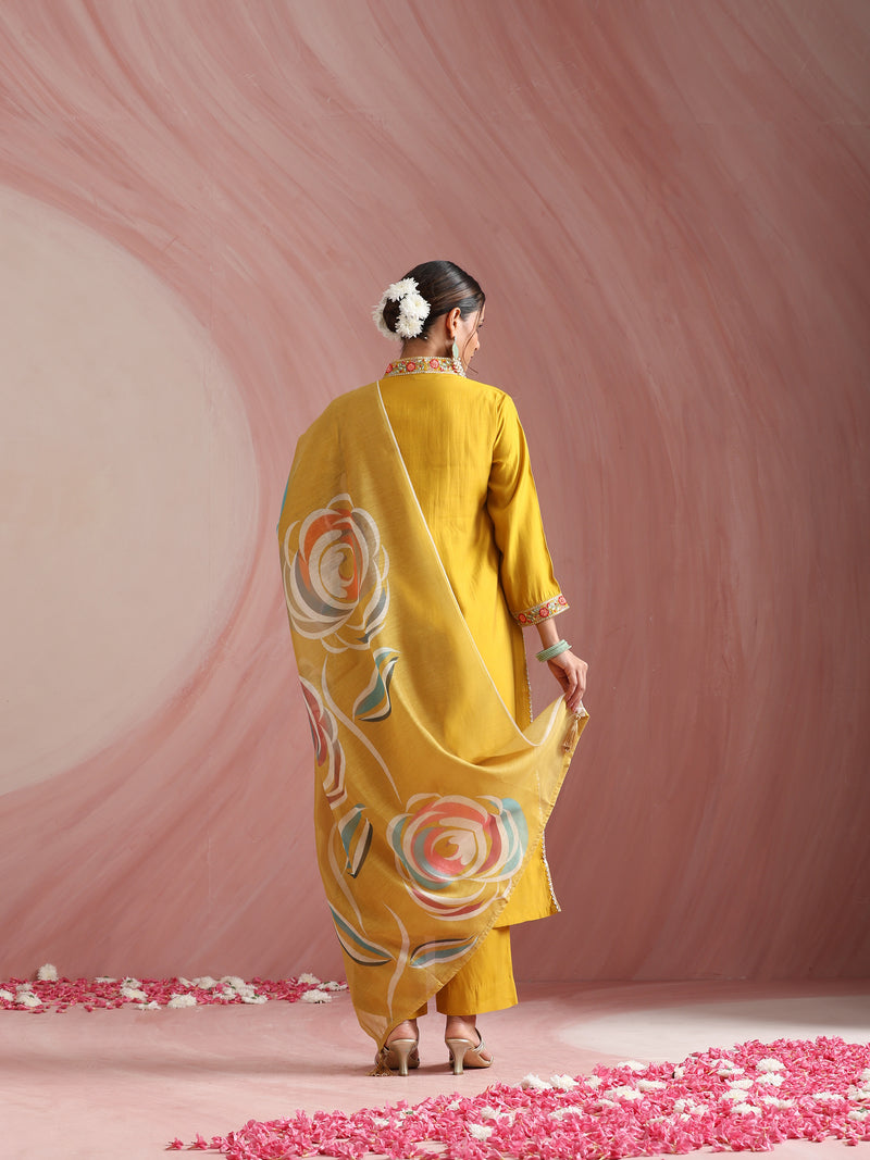 Khushal K Women Pure Silk yellow Embroidered Kurta & Palazzo With Dupatta
